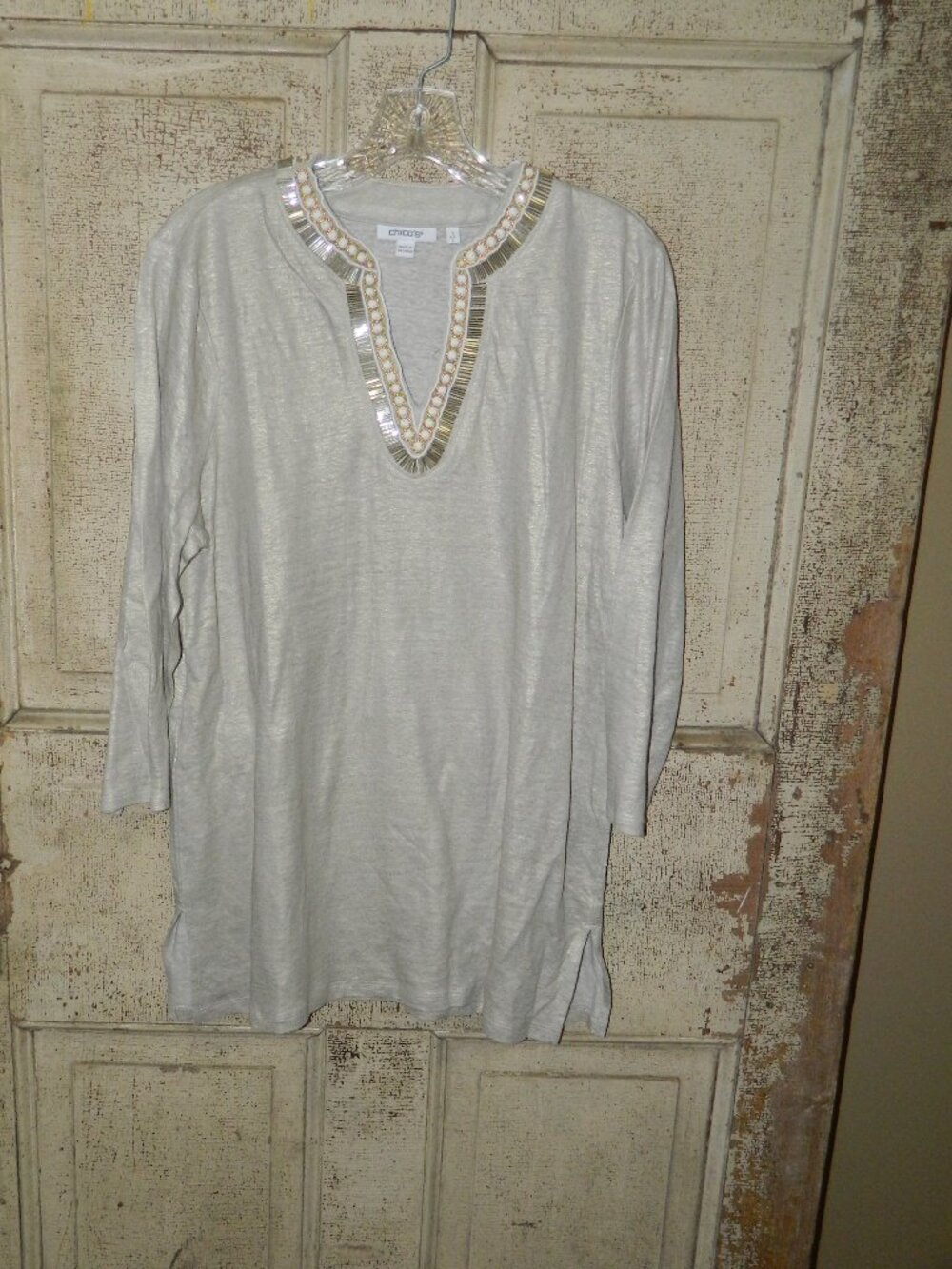 Women's CHICO'S Linen V Neck Tunic Top w Beading Size L (E-9)